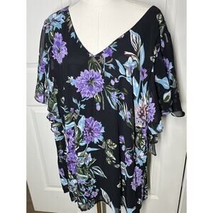 Eva Blue Floral Beaded Embroidered Asymmetrical Top Size 26w